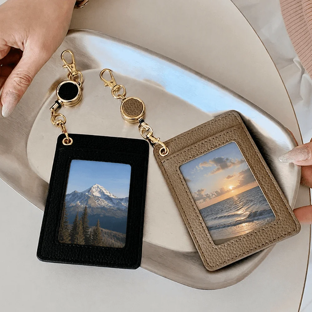 Portable PU Card Holder Transparent Window Retractable Work Badge Holder Student Card Sleeve Daily Life