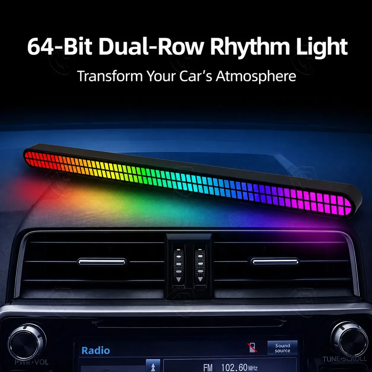 64 LED RGB Music Rhythm Light Bar Sound Activated Pickup Sync Car Interior Ambient Lighting for Drivers Gamers and Party Lovers