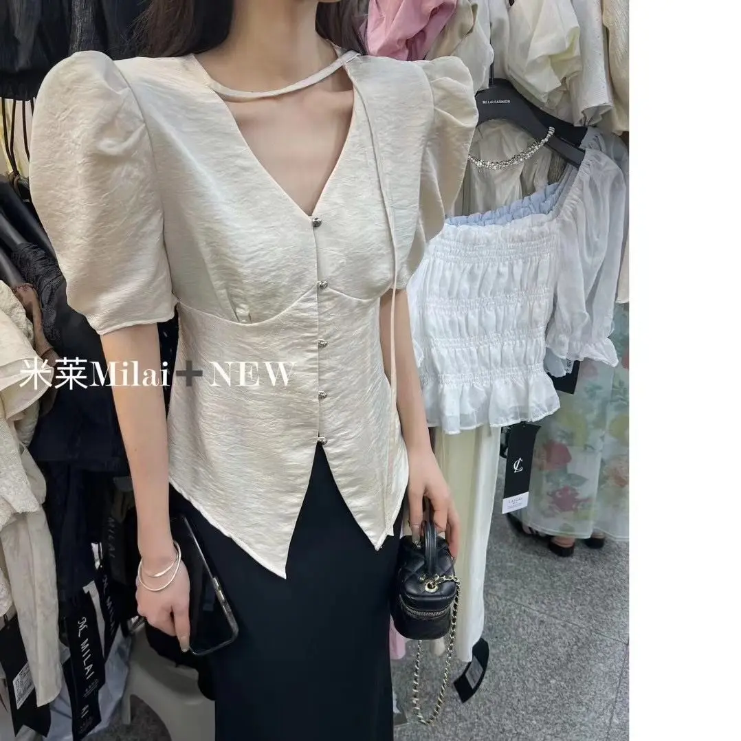 

Chic French Vintage Blouse 2025 Summer Floral V-Neck Puff Sleeve Waist Tie Shirt Women's Trendy Top