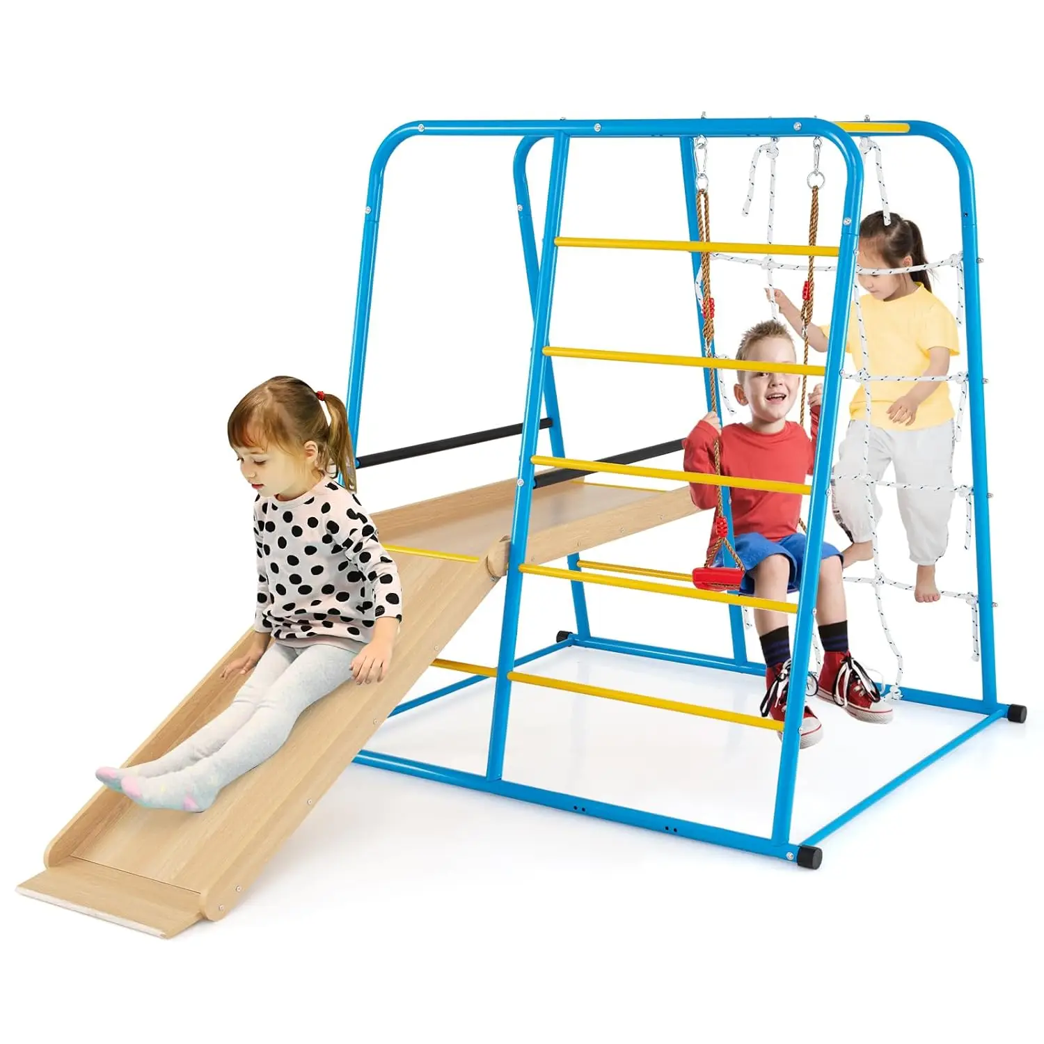 

Металлический игровой комплекс Монтессори с горкой, качелями, турником, лестницей, веревочной стеной для детей от 3 лет, на заказ