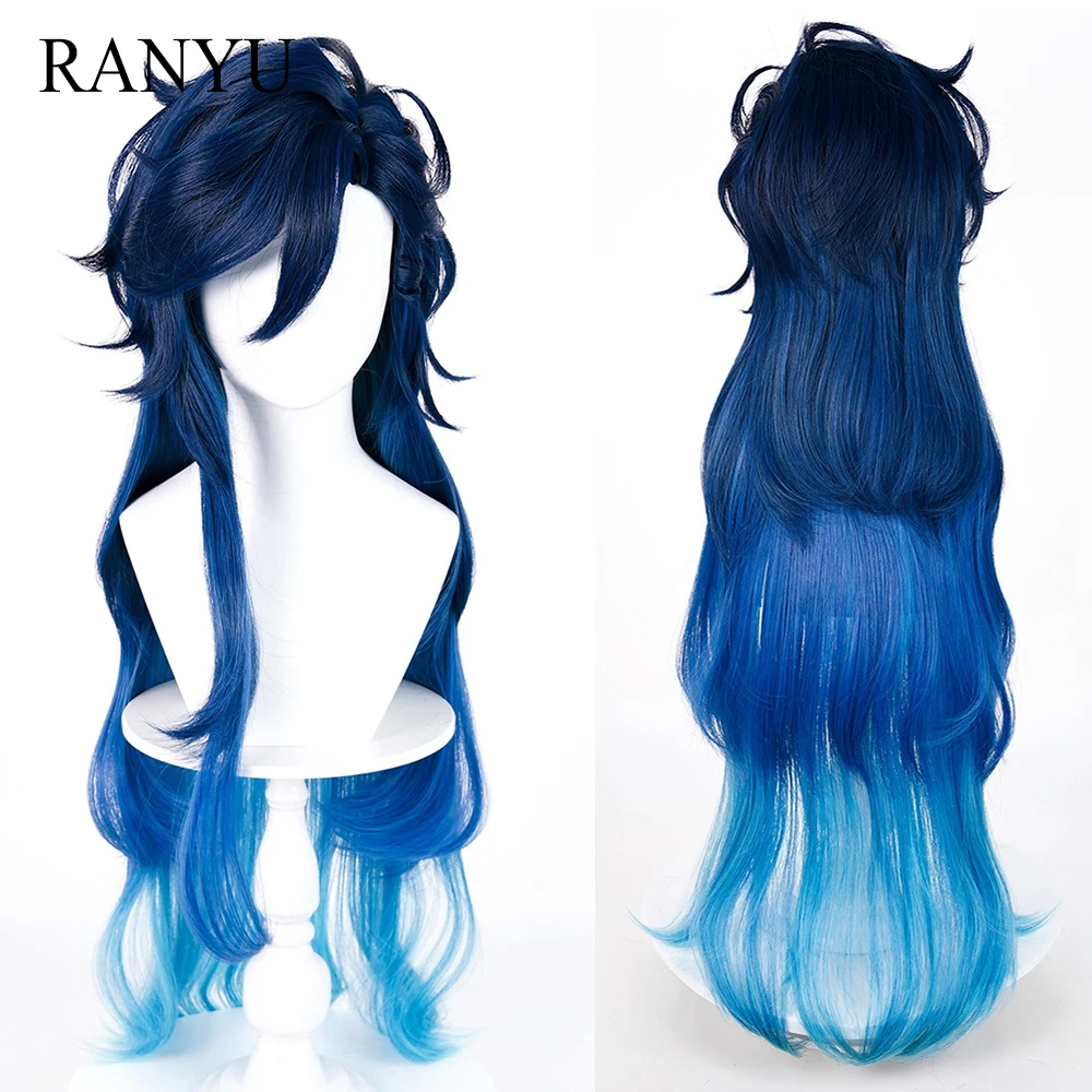 Ombre Blue Long Straight Synthetic Wigs Middle Part Anime Game Cosplay Fluffy Wig Heat Resistant for Daily Party