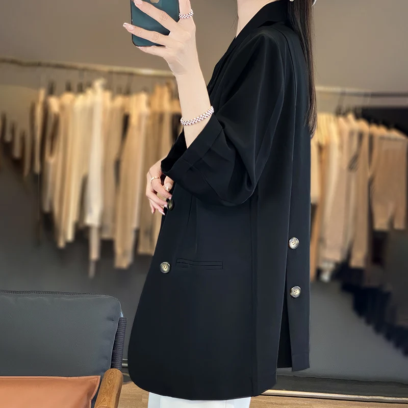 2024 Spring Summer New High Quality Suit Women\'s V-Neck Acetic Acid Silk Button Pocket Casual And Elegant Style Small Suit Coat