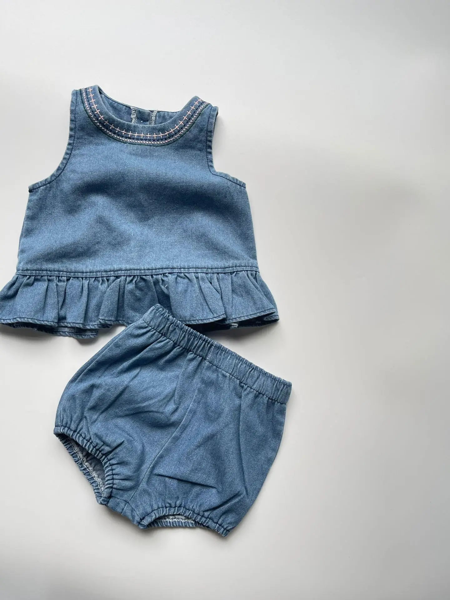 

Summer baby Korean denim embroidery set Childrens top+shorts loose simple casual denim two-piece set 0-3-year-old baby learn ste