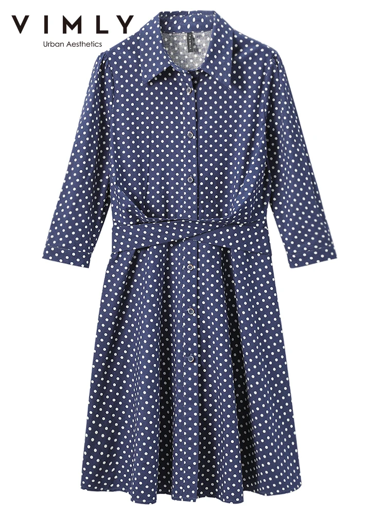 VIMLY Spring Summer Shirt Dress for Women Elegant Fashion Cotton Puff Sleeve A-line Blue Dot Vintage Dress Office Lady V0783