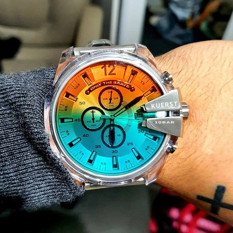 Reloj de pulsera de acrílico para hombre, pulsera de cuarzo de color desteñido, aspecto claro, a la moda, con caja