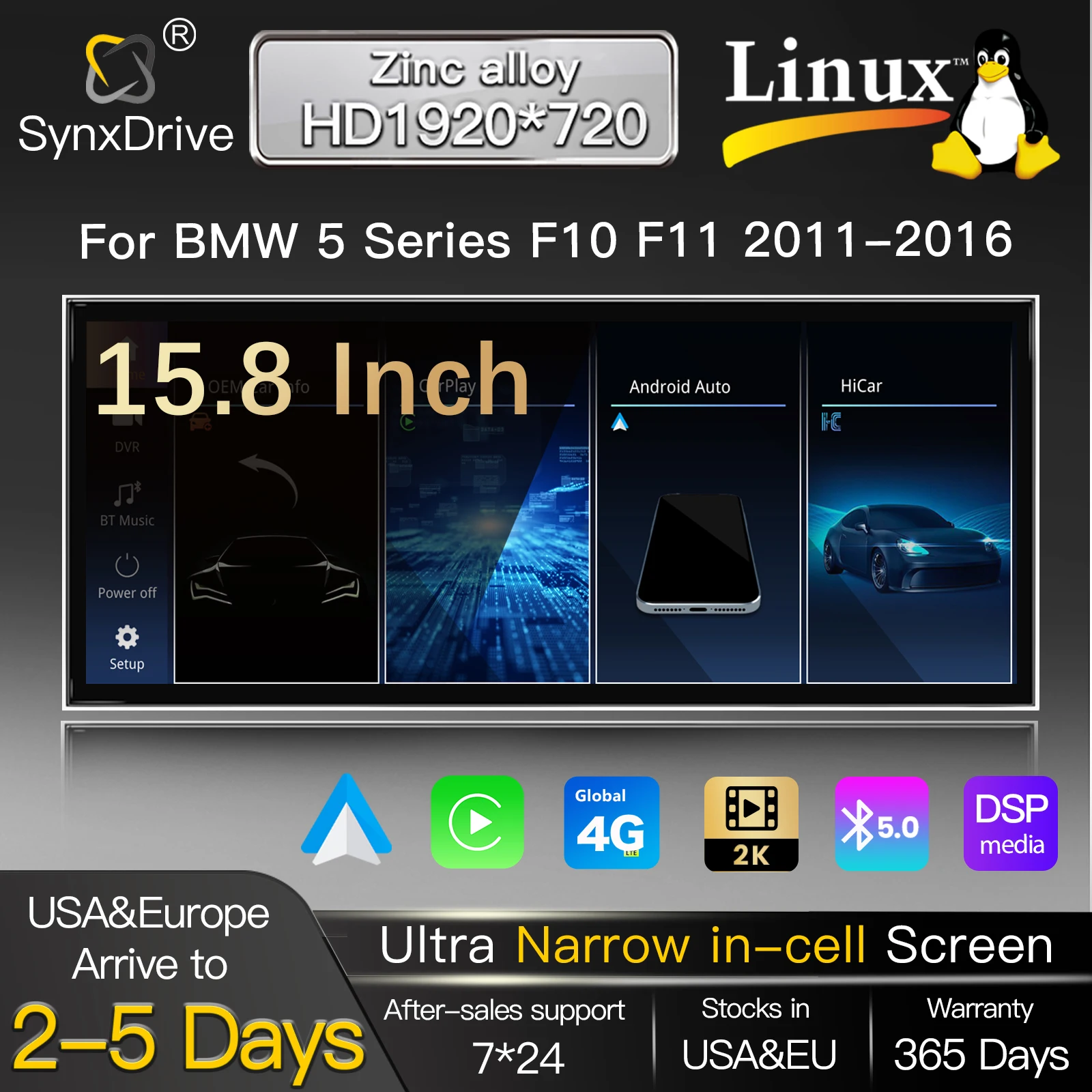 15.8“1920*720 Linux Screen Wireless Carplay Android Auto for BMW 5 Series F10 F11 NBT CIC 2011-2016 Radio Multimedia Video Player GPS Navi Stereo