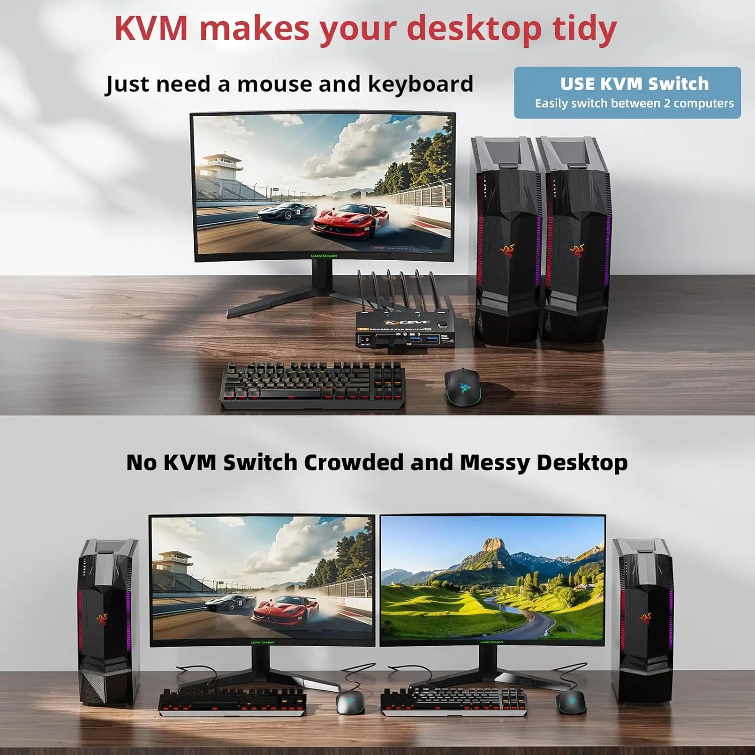 8K @ 60 هرتز KVM Switch 2 Computer 1 Monitor Displayport، USB3.0 KVM Switch DP2.1 لـ 2 PC Share 4 أجهزة USB3.0 وإمدادات الطاقة #5