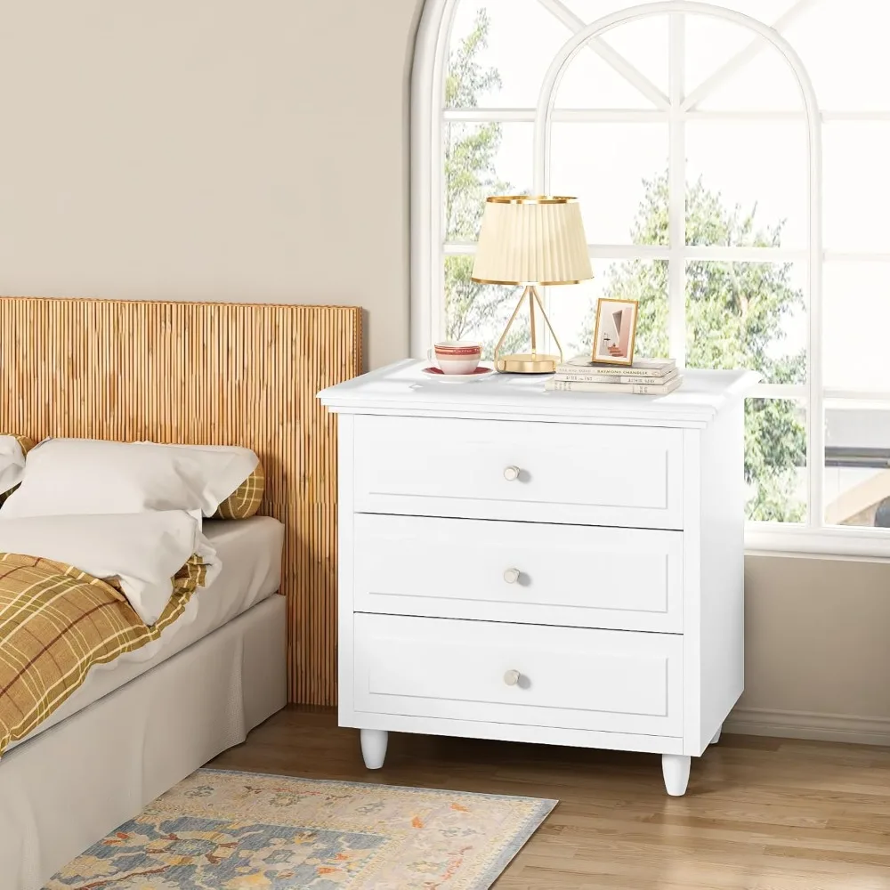 

3 Drawers Nightstand, with Wood Legs,Modern White Drawers Dresser Bedside Nightstand