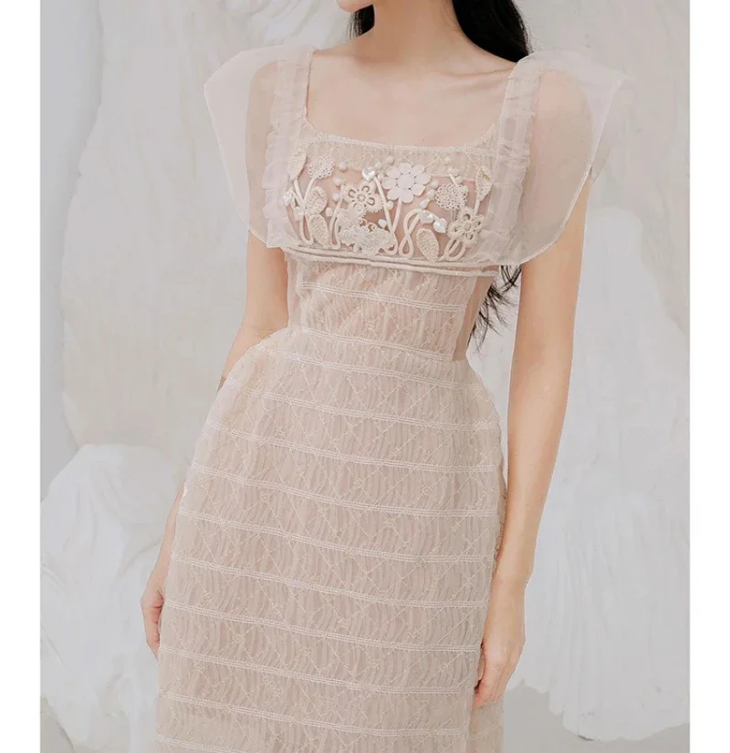 Vintage Apricot Lace Dress Women Elegance Sleeveless Square Neck Evening Dresses Female Sleeveless Luxury Design Clothing Ladies