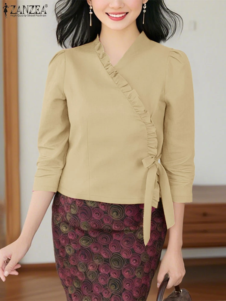 

2025 женская осенняя блузка ZANZEA, элегантные топы с v-образным вырезом и длинными рукавами, однотонная рабочая рубашка с воланами, стильная праздничная рубашка на шнуровке Blusas Mujer