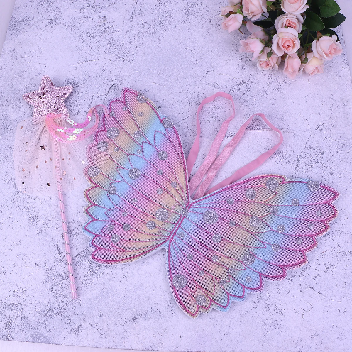 2 szt. Zestaw do cosplayu, jasnoróżowe skrzydła i różdżki dla dzieci, na występy, imprezy, urodziny, na scenę, akcesoria dla dzieci, różdżki