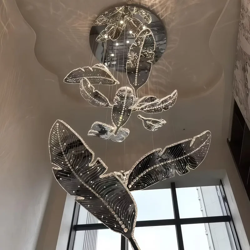 Large Glass Leaf Stainless Steel LED Chandelier Modern Luxury Staircase Light for Villa Duplex Simple Design Ceiling Lamp