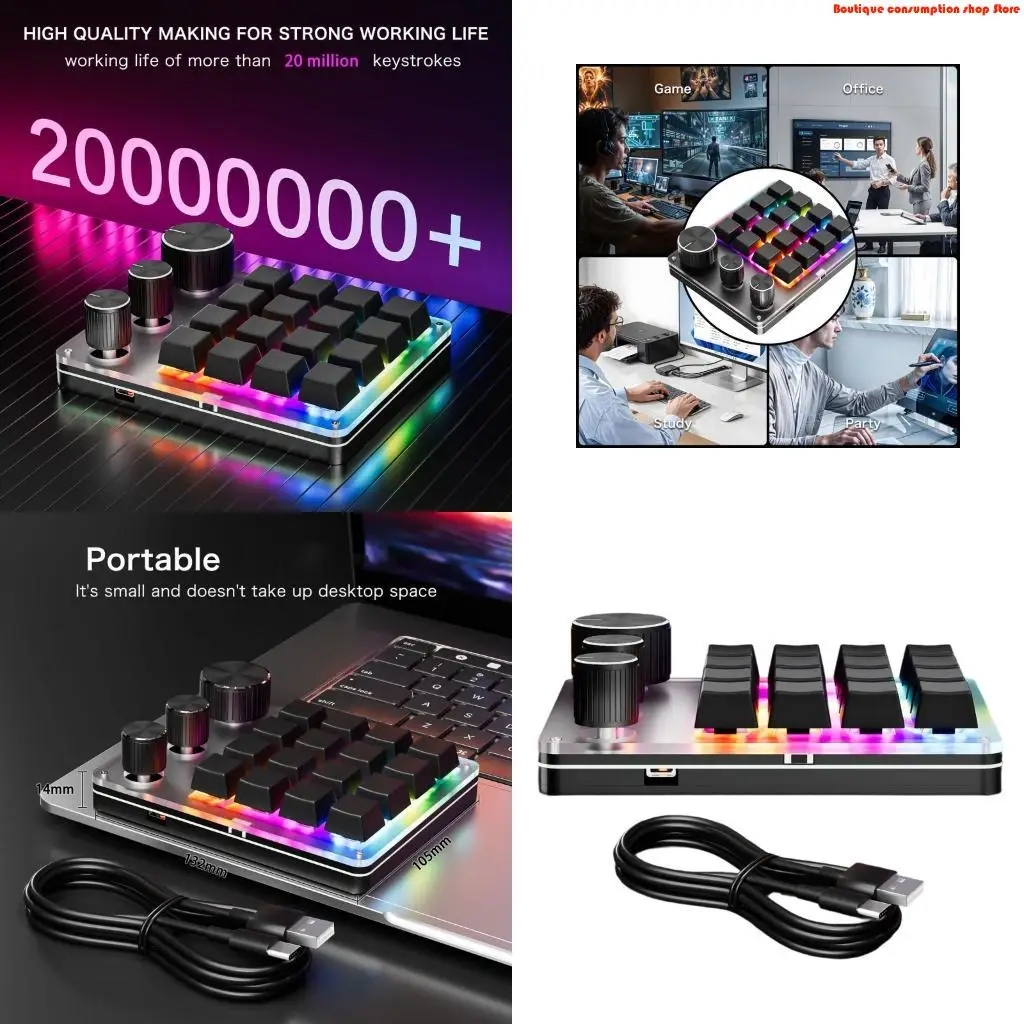 L9NA Handed Programmable Keypad Mini 16-Key 3 Knobs Mechanical Keyboard
