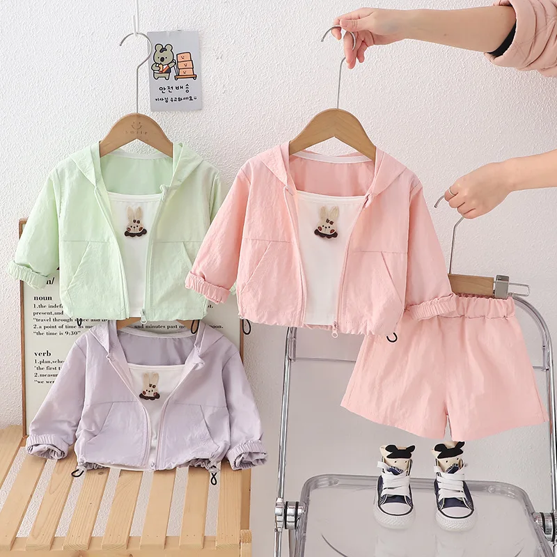 

Girls Clothes Sets Summer 2025 Children Casual Coats Hoodies Vest Short Pants 3pcs Sports Suit For Baby Outfits Kids Tracksuits