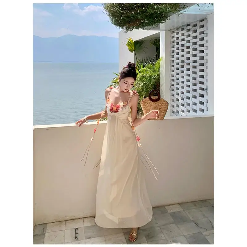 فستان طويل أنيق بدون أكمام مع تصميم مفرغ، تنورة ماكسي نسائية، فستان صيفي رقيق لإجازات الصيف، تصميم عصري بلون نقي وأسلوب أنثوي #2