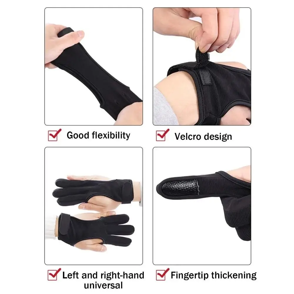 Non-Slip Three-Finger Gloves Breathable Leather Fingertip Recurve Bow Gloves Lightweight Black Shooting Hand Guard Beginners Use