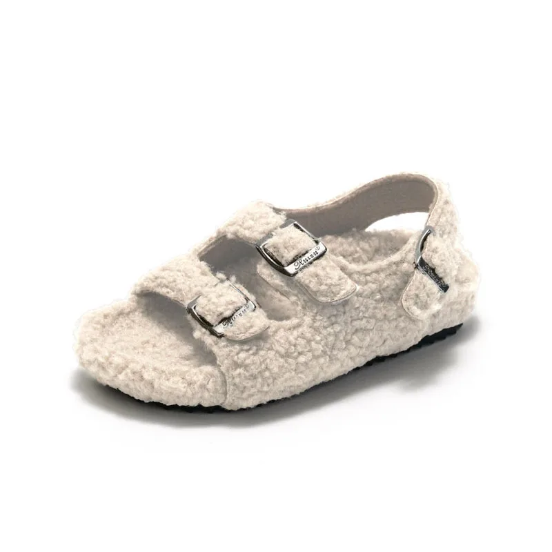 2022 Baby Boy/Girl Wool Shoes Winter Cork Sandals Infant Double Buckle Band Lambswool Shoes Child Plush Cotton Fur Clog Boots