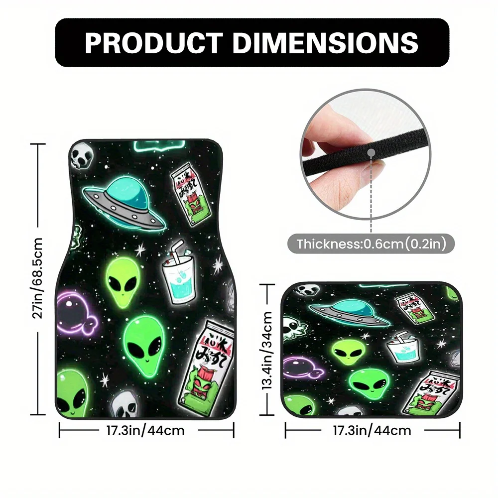 Set of 4 Car Mats Featuring an Alien Galaxy Design, Suitable for Suvs And Hatchbacks. They Offer Easy-To-Clean Surfaces