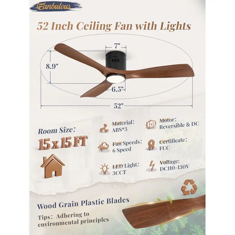 52 مراوح سقف مع أضواء وجهاز تحكم عن بعد، مروحة سقف حديثة مثبتة على السطح مع 3 CCT، مراوح سقف منخفضة المستوى مع 6 سرعات R