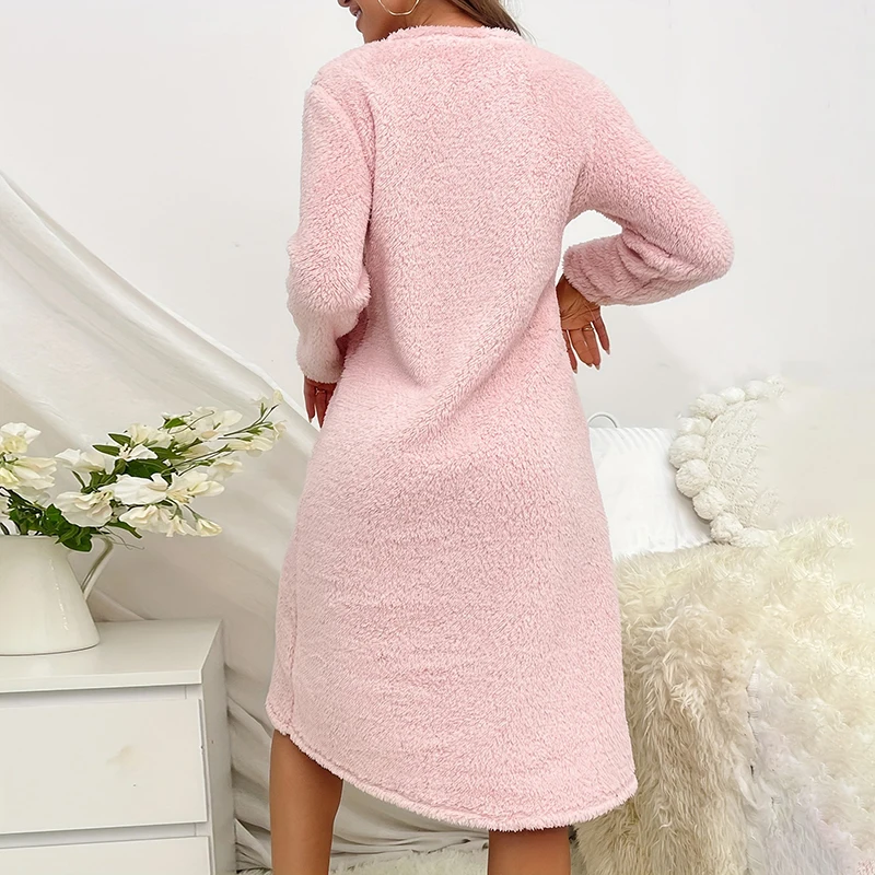 Women Nightgown Nightdress Winter Plush Sleepwear Dress Soft Comfort Long Sleeve Pajama Thicken Flannel Nightwear Home Clothing