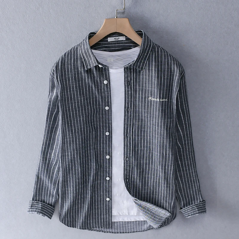 

Premium Cotton Striped Long Sve Casual irt for Men Loose Fit Spring Autumn Trendy Japanese Sle Pure Cotton Top