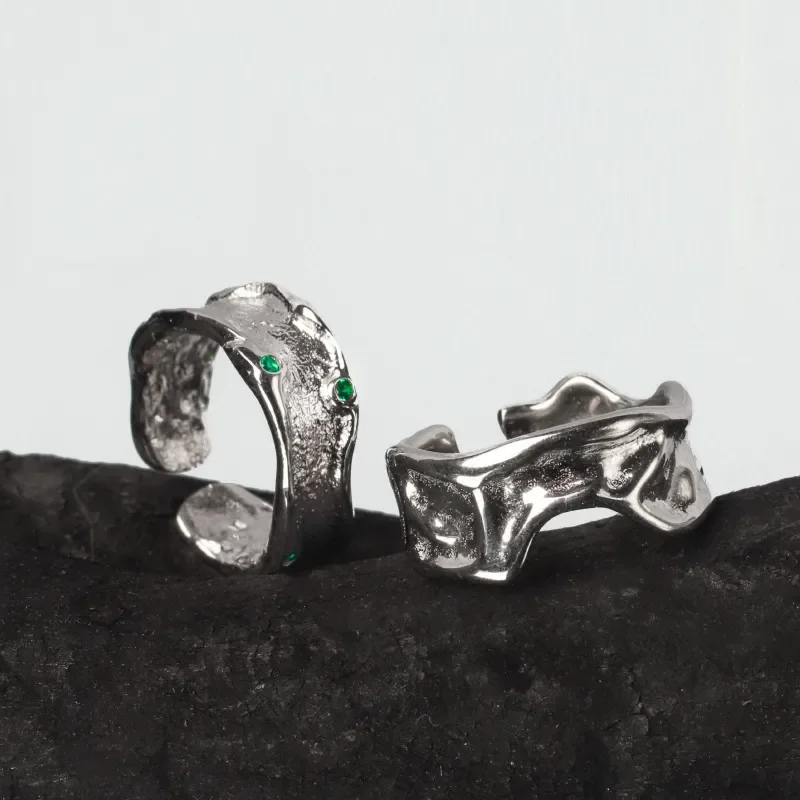 Irregular Pleated Ring Male Trendy Cold Wind Open Ring Fashion Ins Geometric Green Zircon Index Finger Ring for Men