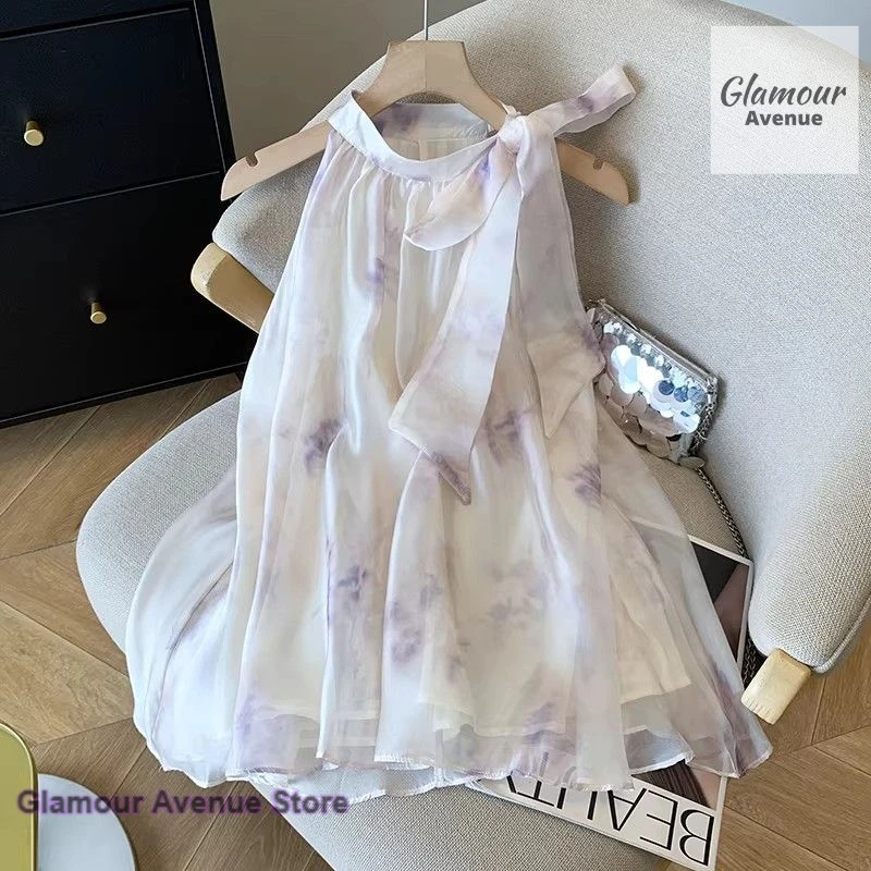 French small fresh sleeveless pink smudge chiffon shirt women's summer neck-hanging slim and sweet design sense niche loose top