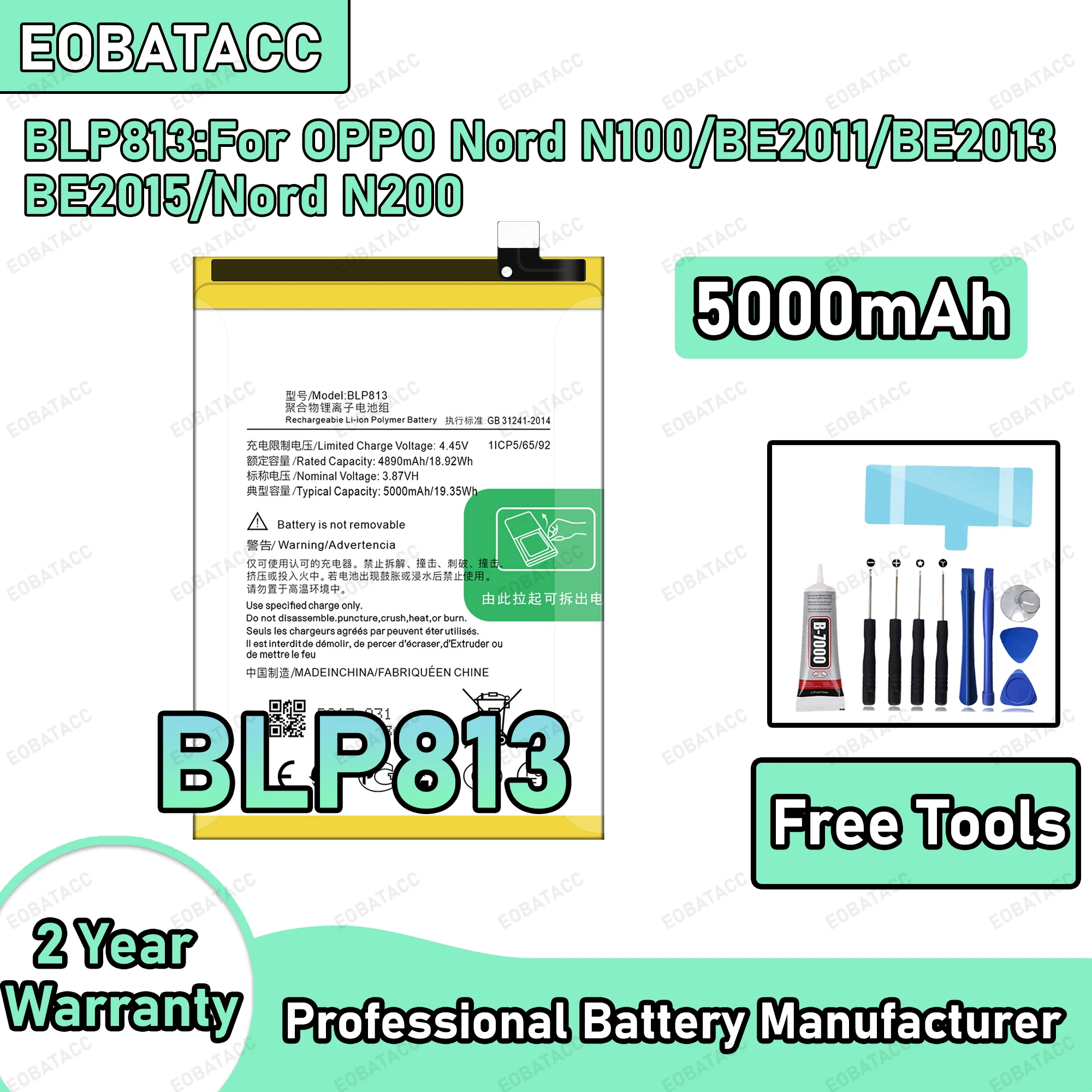 

5000mAh 100% New BLP813 Battery For OPPO Nord N100/BE2011/BE2013 Replacement Bateria+Free Tools