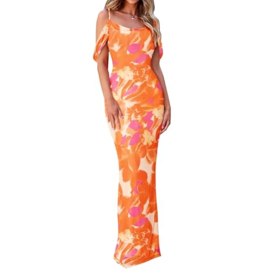 

MASCOMODA Spaghetti Strap Long Maxi Dresses for Women 2025 Summer Floral Sexy Bodycon Backless Formal Wedding Guest Dress
