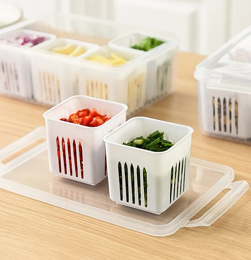 Six Grid Refrigerator Crisper Storage Containers Fridge Fresh Vegetable Fruit Boxes Drain Basket Kitchen Organizer Tools