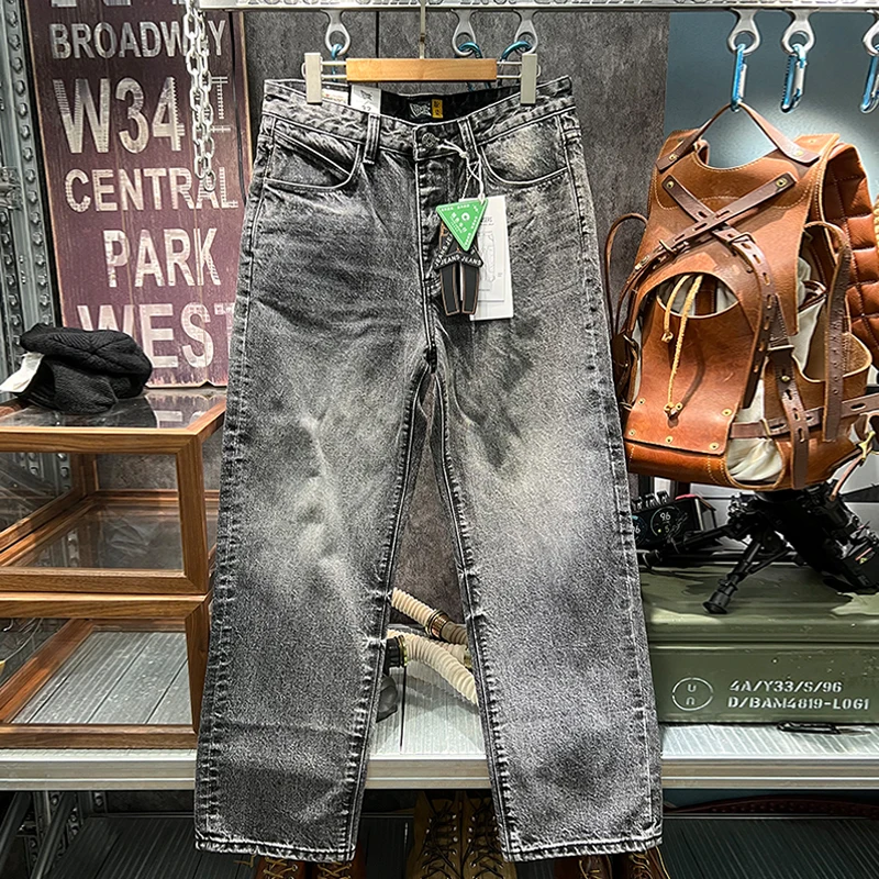 

Тяжелые джинсы из 100% хлопка, окрашенные в индиго, черно-серые, свободные прямые брюки American Retro Amekaji для мужчин