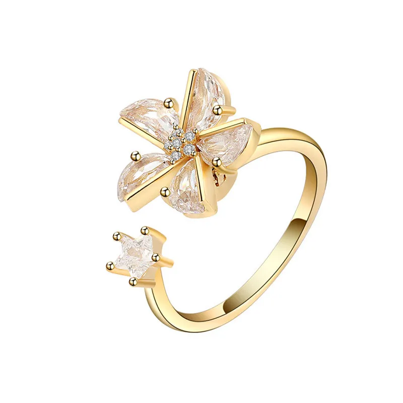 Luxuriöser Schmetterlings-Sonnenblumen-Fidget-Spinner-Ring gegen Angstzustände für Frauen, Kristallblumen-Angst-Fingerringe, Anti-Stress-Hochzeitsschmuck