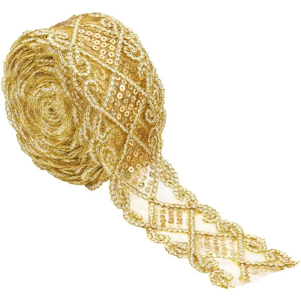 Curtain Clothes Accessories Decoration DIY Lace Trim Paillette Embroidery Fabric Gold 50mm 10yard/strand