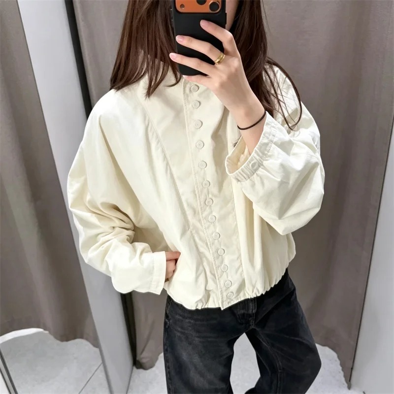 Guobioziy Women's Jacket 2026 Early Autumn New Arrival Fashion Button-Up Windproof Stand Collar Pocket Nylon Short Jacket