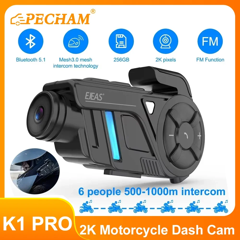 

K1 PRO Motorcycle Intercom Helmet Dash Cam Bluetooth Headsets Handsfree Communicator 2K High Definition Video Record Interphone