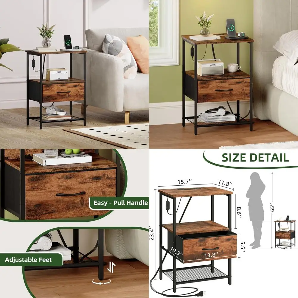 2-Piece Nightstand Set with Charging Dock and LED Light, Suitable for Bedrooms, Dorms, and Hallways, Wood-Textured Finish