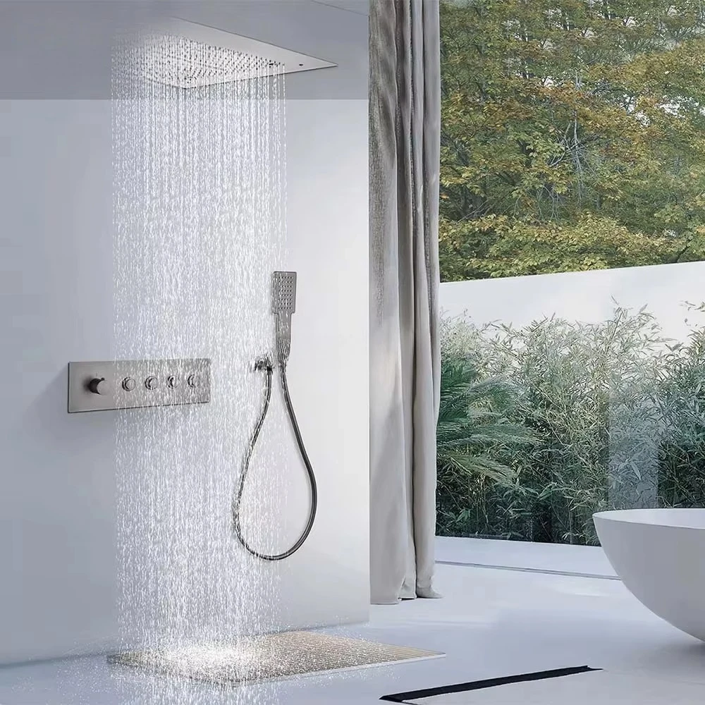 

400x400mm Sky Canopy Concealed Shower Head with Four Functions, Thermostatic Temperature Control, Copper Button Switch,