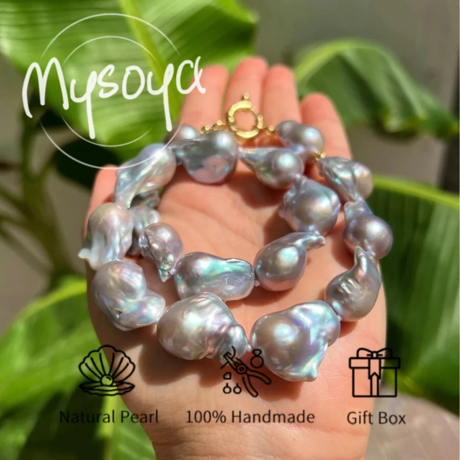 

MYSOYA 14-18 мм большое натуральное серое жемчужное ожерелье в стиле барокко, пресноводный жемчуг ручной работы, стиль «сделай сам», с подарочной коробкой, подарок на день рождения, свадьбу