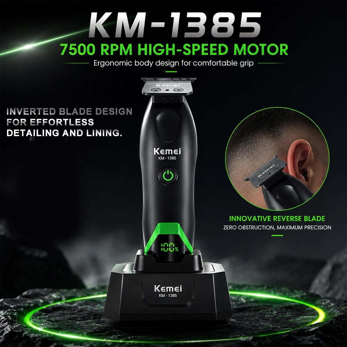 kemei-km-1385-電動バリカン男性用-t-ブレード-7500rpm-5-ワット-dc-モータードック-led-ディスプレイ付きプロフェッショナルヘアトリマーマシン