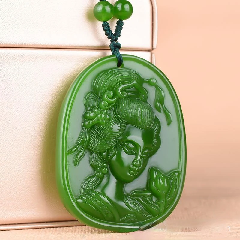 Natural Jade Guanyin Pendant Men's And Women's Necklace Pendant Spinach Green Authentic Jade Plate