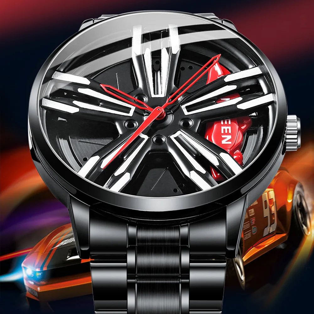 

2023 New Fashion Cool Car Hub Men Watches Three-dimensional Hollow Out Stainless Steel Waterproof Luminous Creative Wristwatch