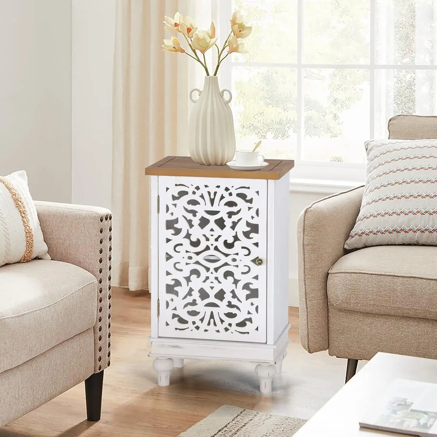 Small Accent Storage Cabinet with Single Door - Decorative Nightstand for Living Room Bedroom, End Side Table Cabinet White