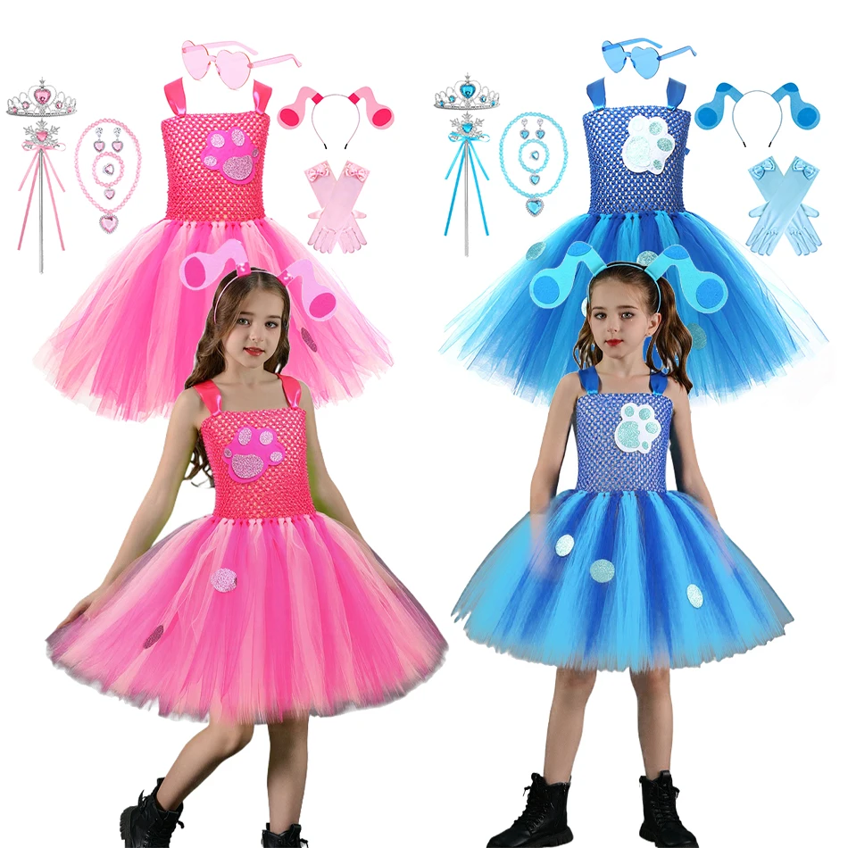 Kids Halloween Dog Costume Cartoon Blue Doggy Fancy Tutu Dress with Headband and Tail Animal Role Play Carnival Party Clothing