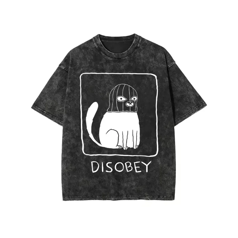 Camiseta Vintage Oversized Y2K com Estampa de Gato Engraçado e Rebelde, Linhas Simples, Gola Redonda Casual, Manga Curta para Homens e Mulheres