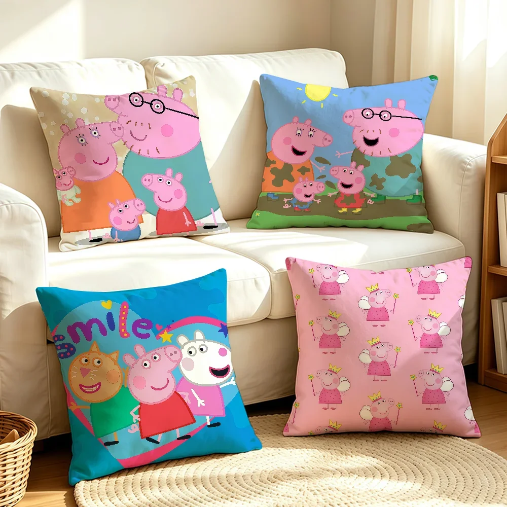 Cartoon P-Pe-peppa Pink P-Pig-S Family cushion cover Soft Smooth Pillow Case Hidden Zipper Washable Decorative Couch Office Gift