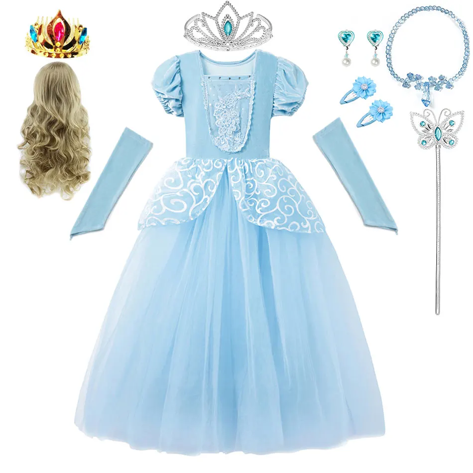 

2023 Disney Girl Princess Cinderella Costume Voile Fantasia Dress Party Cosplay Robe Children's Clothing Kid Girl Fansy Dress Up