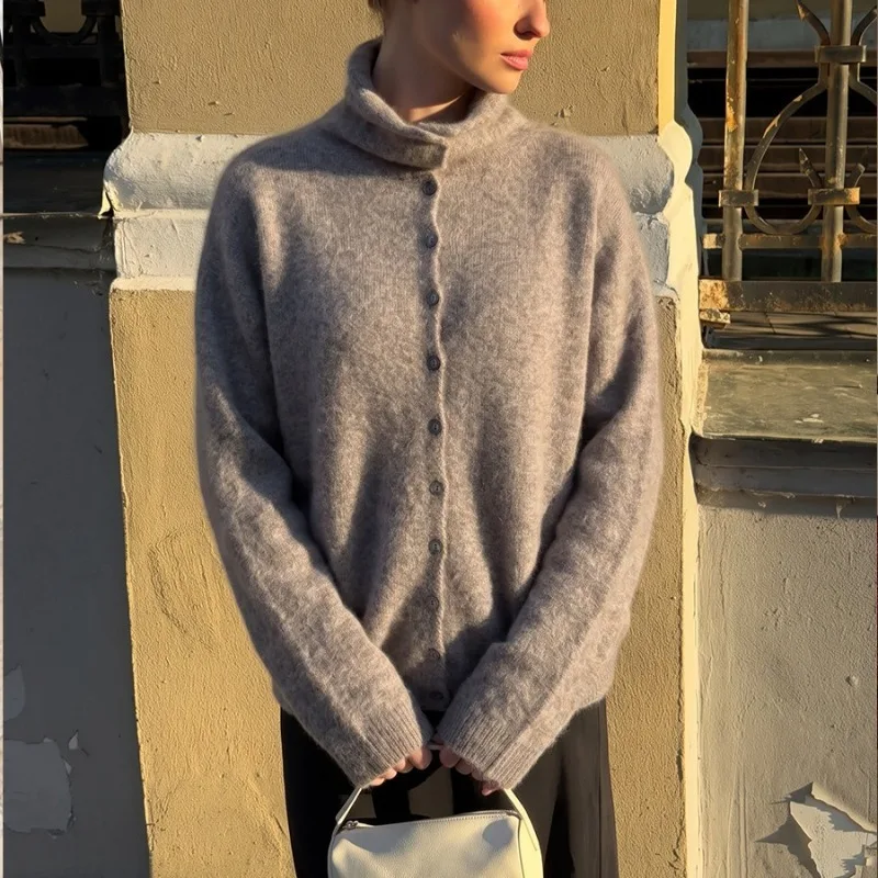 LIinar 2026 Relaxed-Fit Half-Turtleneck Single-Breasted Long-Sleeve Wool Cardigan Women Winter Brushed Cashmere Knit Sweater