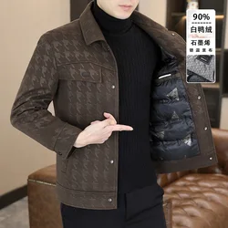 2023 Men's Lapel Casual Woolen Coat, Winter Warm Down Jacket, Jacket, Cold Jacket, 90% White Duck Plaid Overcoat Men Clothing