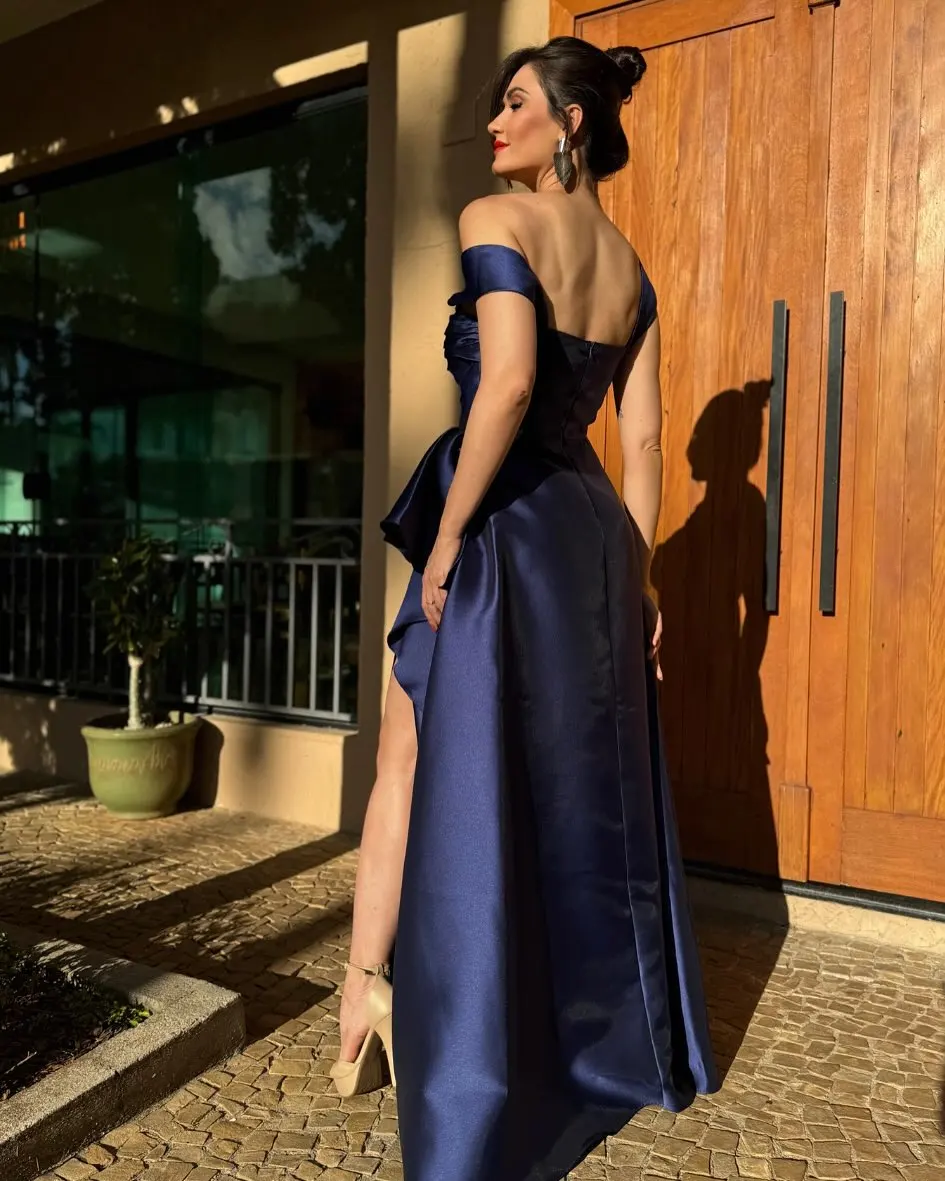 Customized Temperament Sweetheart Off the Shoulder Evening Dresses Graceful Satin Pleats Blue Vestido De Festa Vestido De Noche