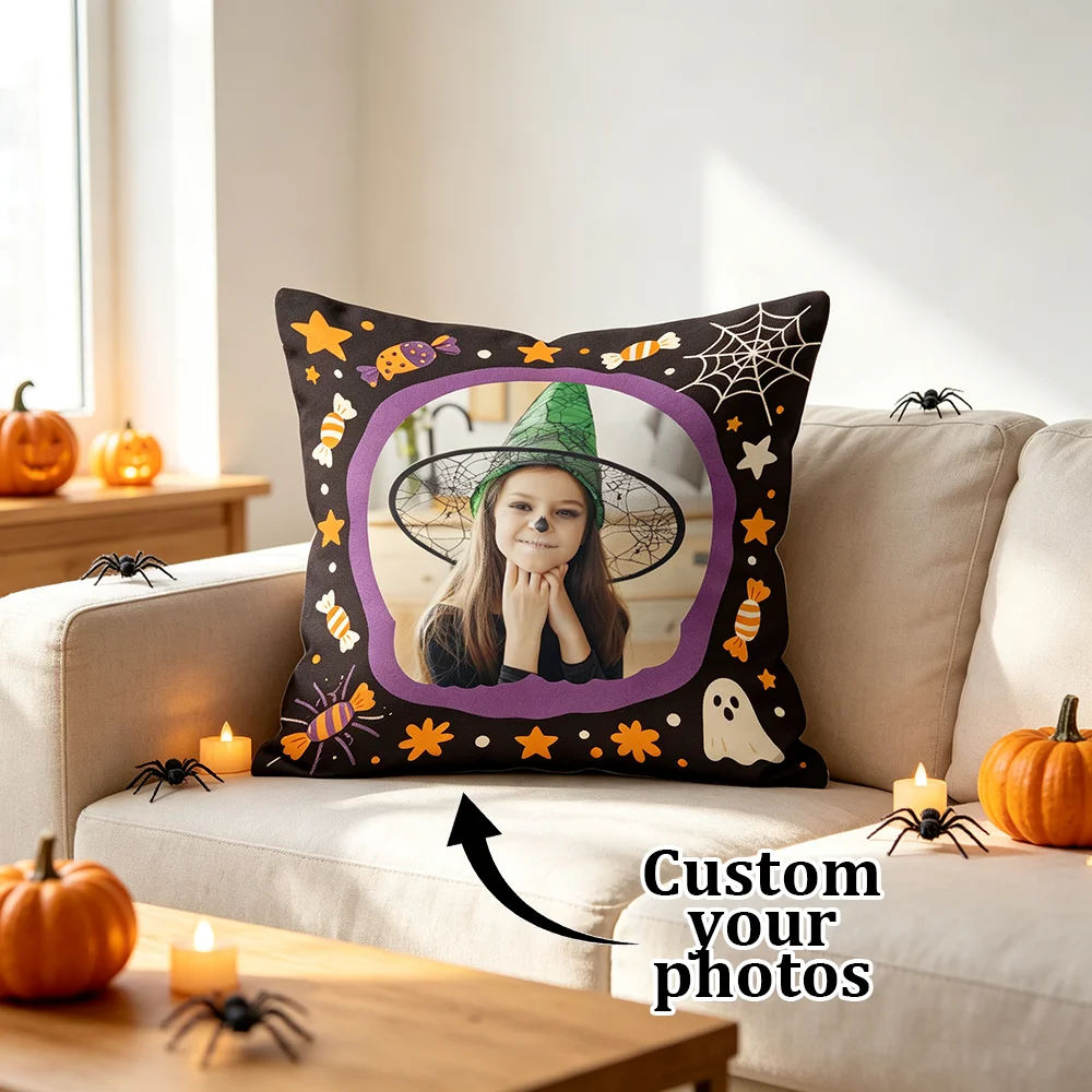 1PC Custom Photo Halloween Pillow Cover Spooky Cute Picture Frame Black Personalized Gift Sofa Couch Bedroom Home Decor